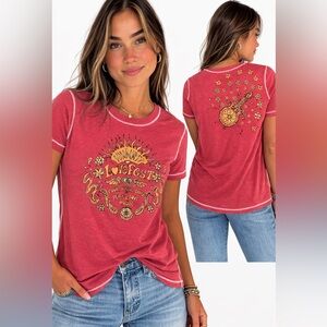 Lucky Brand LoveFest Boho Graphic Tee L Coral Festival Hippie Cotton T-Shirt